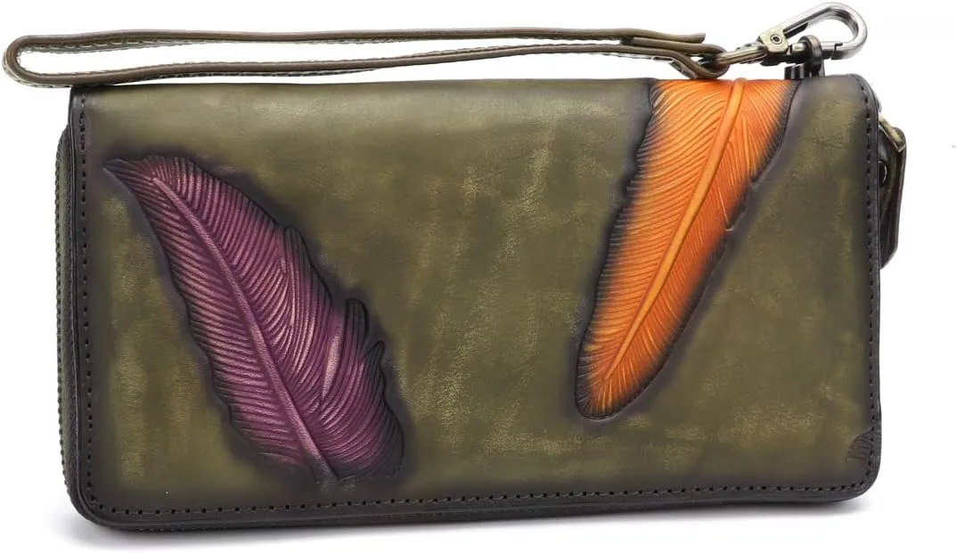 Women's Wallet Genuine Leather Zip Around Wristlet Long Purse Vintage Embossing Cowhide Capacity Handmade Clutch(Green)