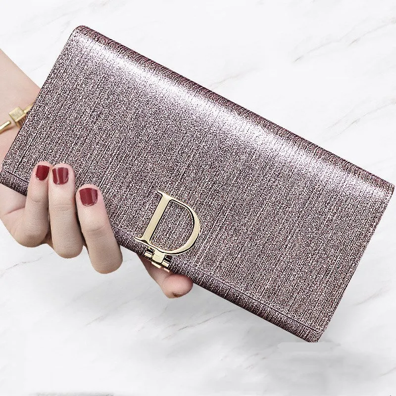 Women's wallet leather elegant pearly D buckle
