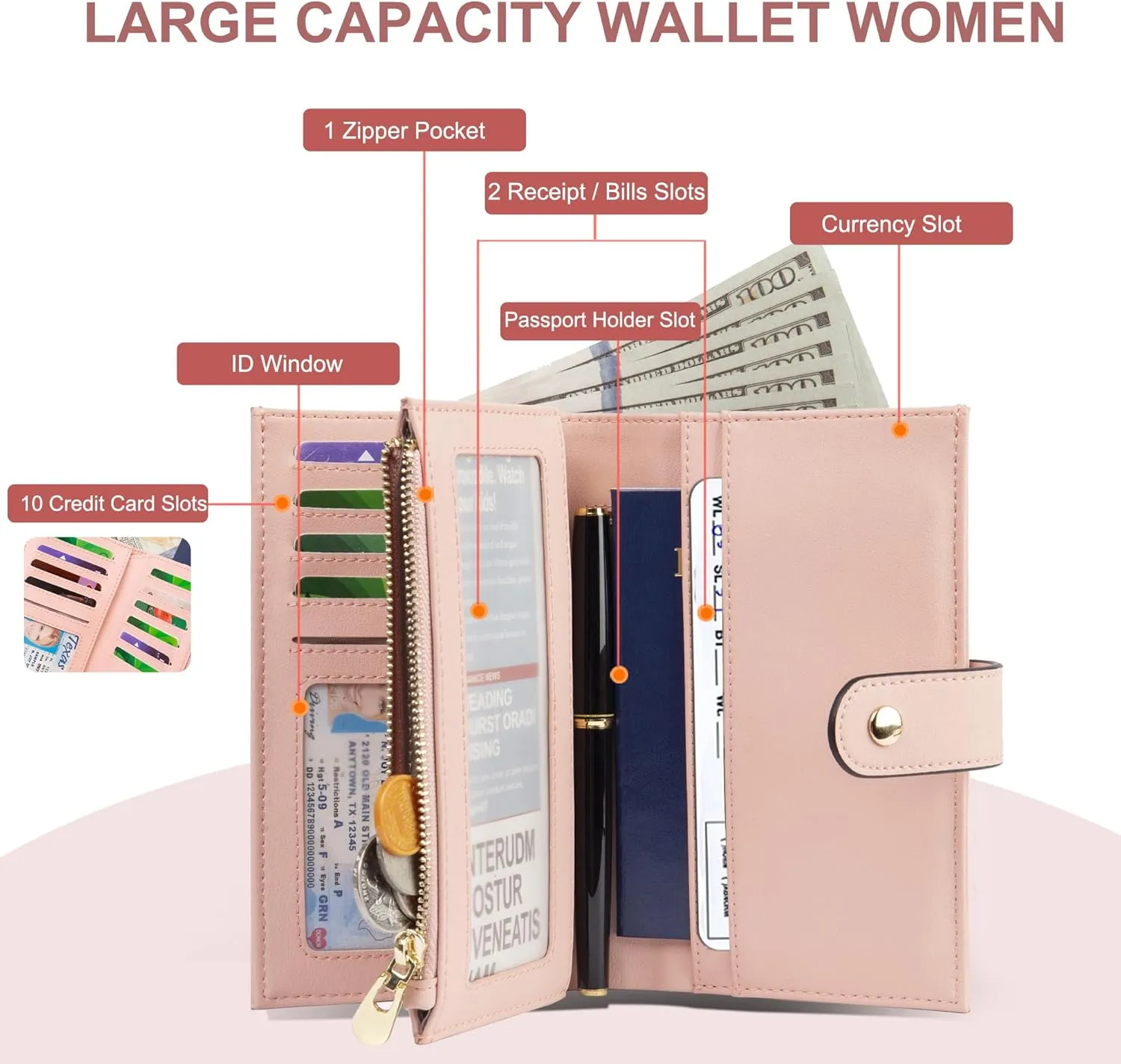 Womens Wallet RFID Blocking Leather Trifold Clutch Wallet Credit Card Holder Ladies Travel Wallet Purse with Pen Holder
