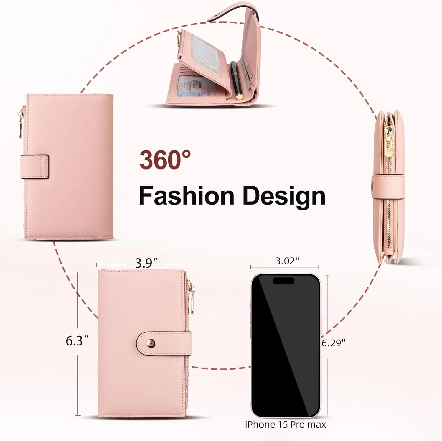 Womens Wallet RFID Blocking Leather Trifold Clutch Wallet Credit Card Holder Ladies Travel Wallet Purse with Pen Holder