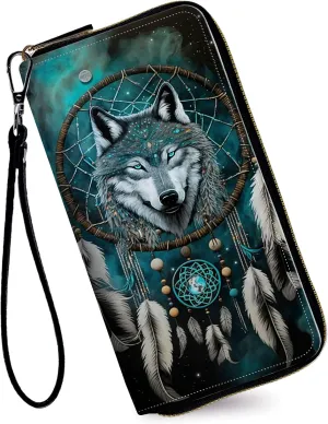 Women's Wallets,Credit Card Holder Money Leather Long Wallet with Wristlet,Large Capacity with Zip-Around Phone Purse for Women Ladies Girls,Dream Catcher Wolf