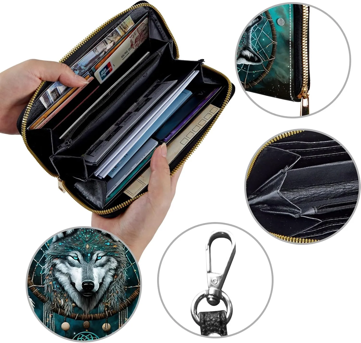 Women's Wallets,Credit Card Holder Money Leather Long Wallet with Wristlet,Large Capacity with Zip-Around Phone Purse for Women Ladies Girls,Dream Catcher Wolf