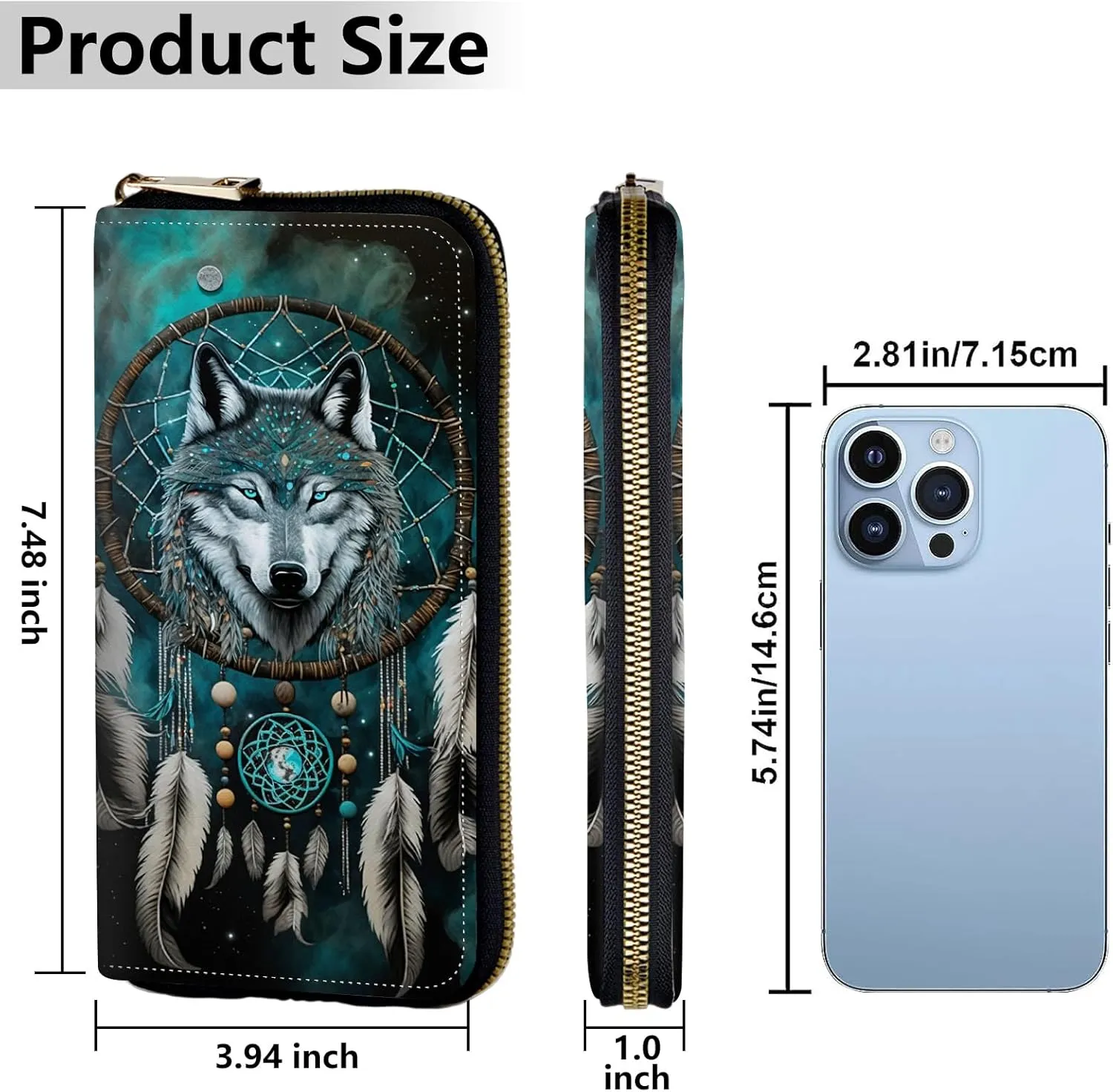 Women's Wallets,Credit Card Holder Money Leather Long Wallet with Wristlet,Large Capacity with Zip-Around Phone Purse for Women Ladies Girls,Dream Catcher Wolf