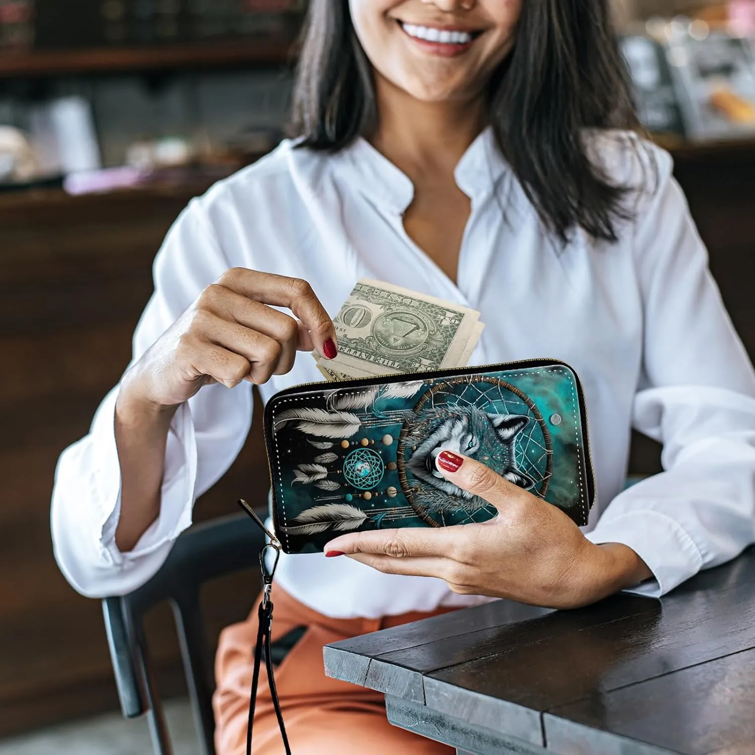 Women's Wallets,Credit Card Holder Money Leather Long Wallet with Wristlet,Large Capacity with Zip-Around Phone Purse for Women Ladies Girls,Dream Catcher Wolf