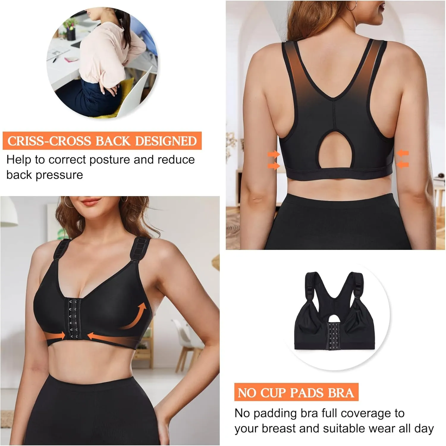 Wonderience Post-Surgical Bra Wide Adjustable Straps with Front Closure Wirefree