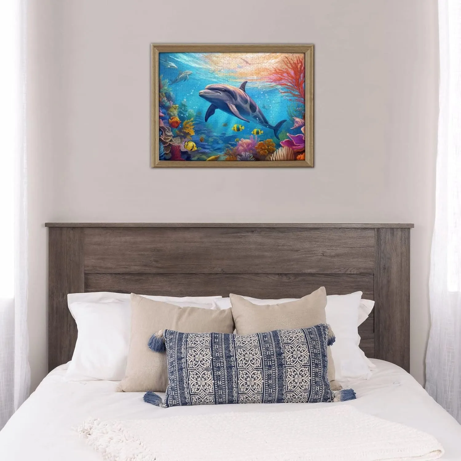 Wooden Jigsaw Puzzles 500 Pieces Cute Dolphin Fish Sea Coral Puzzle Leisure for Adults Jigsaw Challenging Creative Educational Intellectual Decompressing Family Games Toy Gift