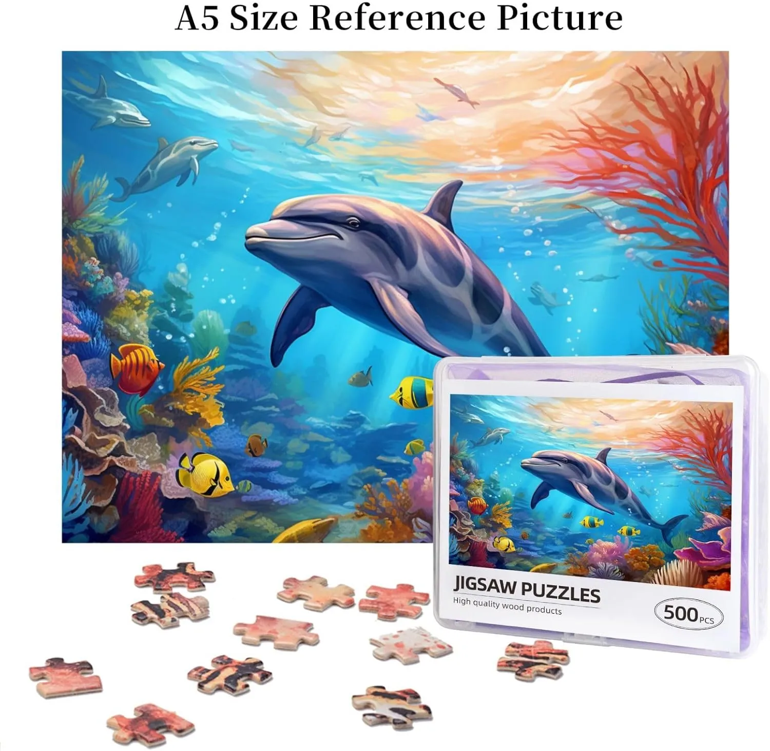 Wooden Jigsaw Puzzles 500 Pieces Cute Dolphin Fish Sea Coral Puzzle Leisure for Adults Jigsaw Challenging Creative Educational Intellectual Decompressing Family Games Toy Gift