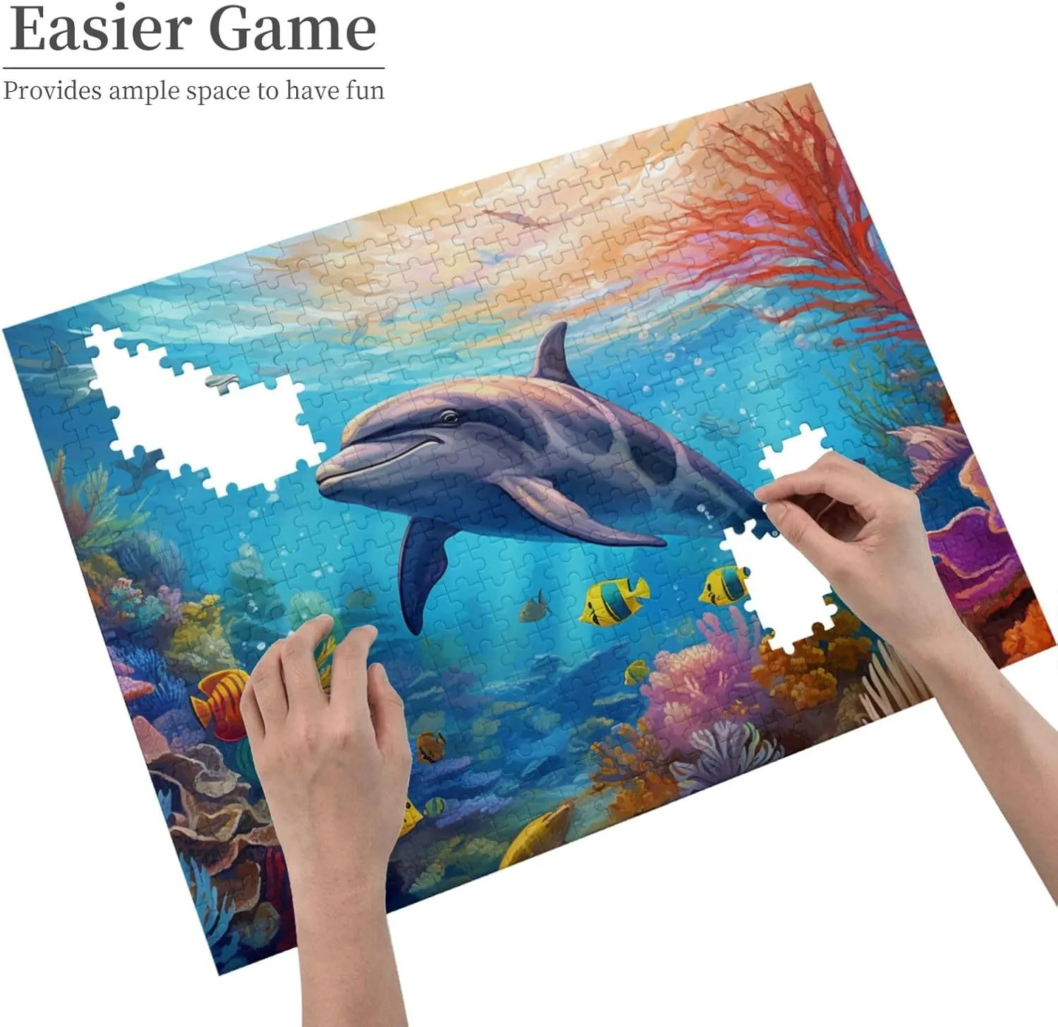 Wooden Jigsaw Puzzles 500 Pieces Cute Dolphin Fish Sea Coral Puzzle Leisure for Adults Jigsaw Challenging Creative Educational Intellectual Decompressing Family Games Toy Gift