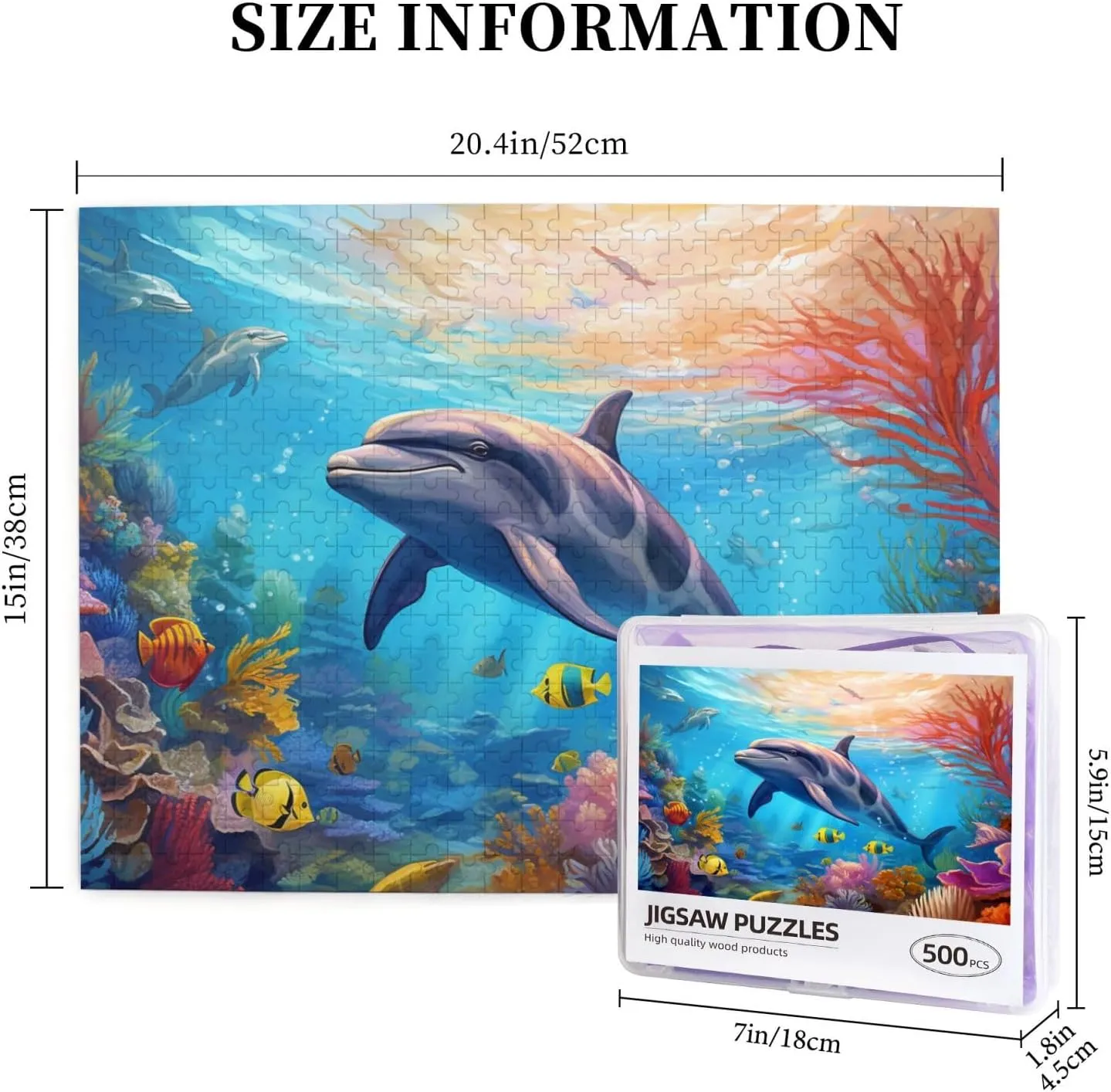 Wooden Jigsaw Puzzles 500 Pieces Cute Dolphin Fish Sea Coral Puzzle Leisure for Adults Jigsaw Challenging Creative Educational Intellectual Decompressing Family Games Toy Gift