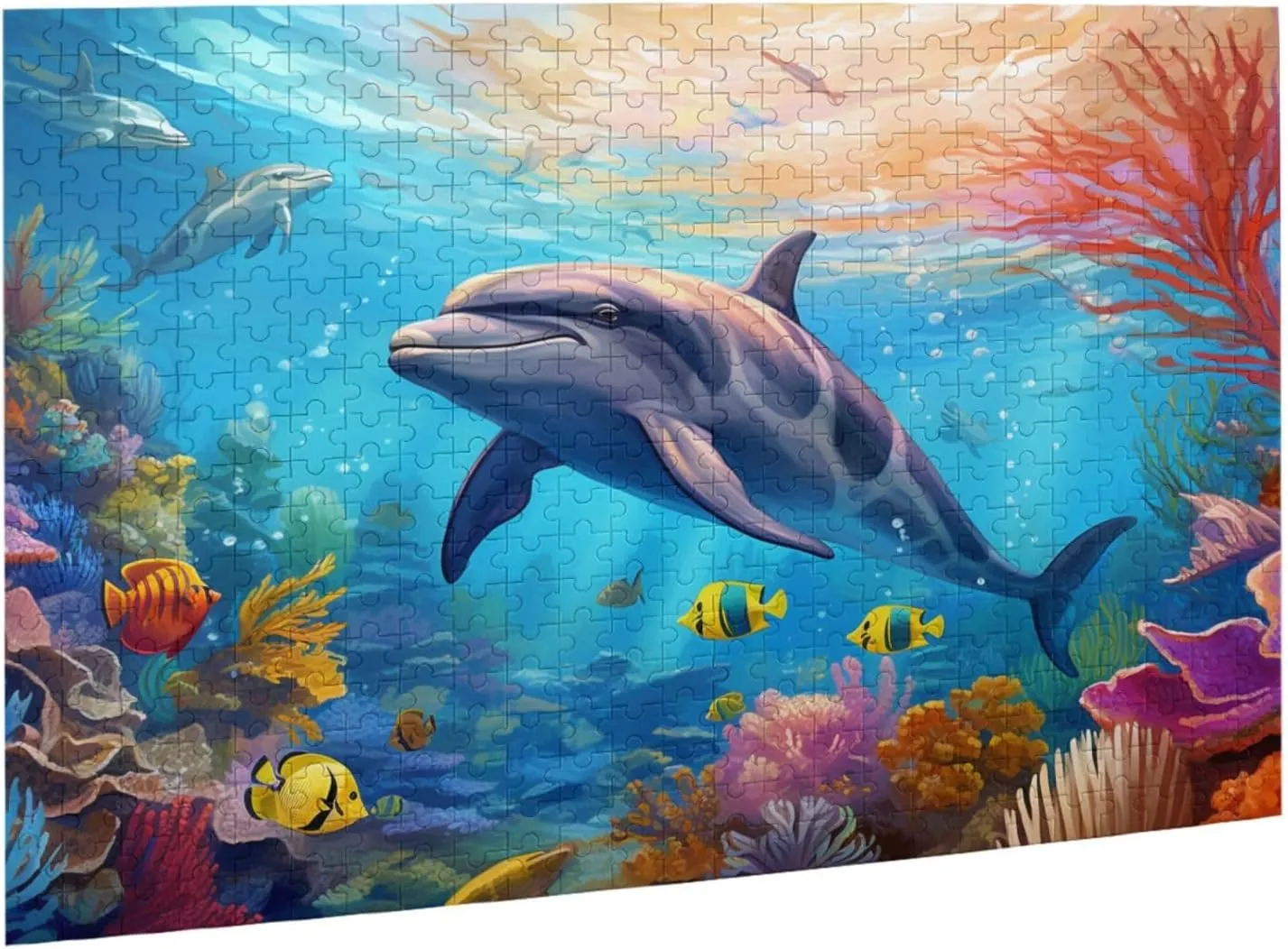 Wooden Jigsaw Puzzles 500 Pieces Cute Dolphin Fish Sea Coral Puzzle Leisure for Adults Jigsaw Challenging Creative Educational Intellectual Decompressing Family Games Toy Gift