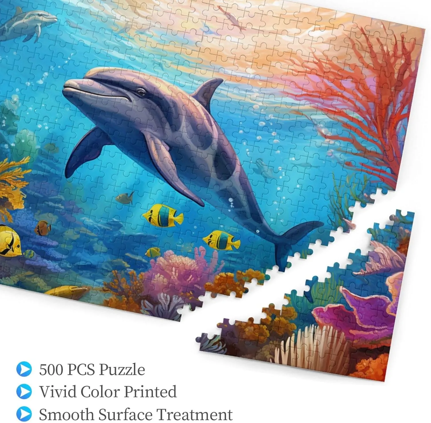 Wooden Jigsaw Puzzles 500 Pieces Cute Dolphin Fish Sea Coral Puzzle Leisure for Adults Jigsaw Challenging Creative Educational Intellectual Decompressing Family Games Toy Gift