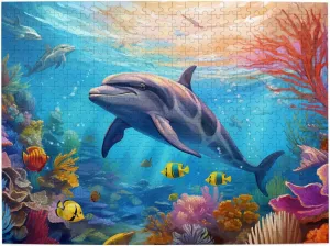 Wooden Jigsaw Puzzles 500 Pieces Cute Dolphin Fish Sea Coral Puzzle Leisure for Adults Jigsaw Challenging Creative Educational Intellectual Decompressing Family Games Toy Gift