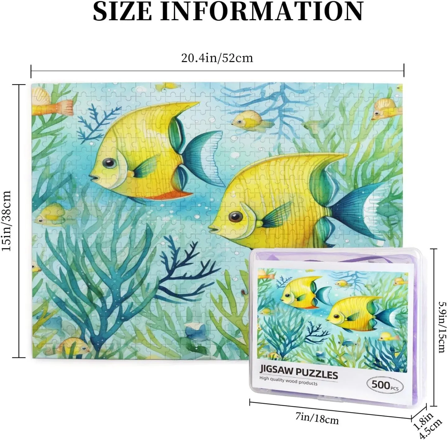 Wooden Jigsaw Puzzles 500 Pieces Cute Tropical Fish Ocean Sea Watercolor Puzzle Leisure for Adults Jigsaw Challenging Creative Educational Intellectual Decompressing Family Games Toy Gift