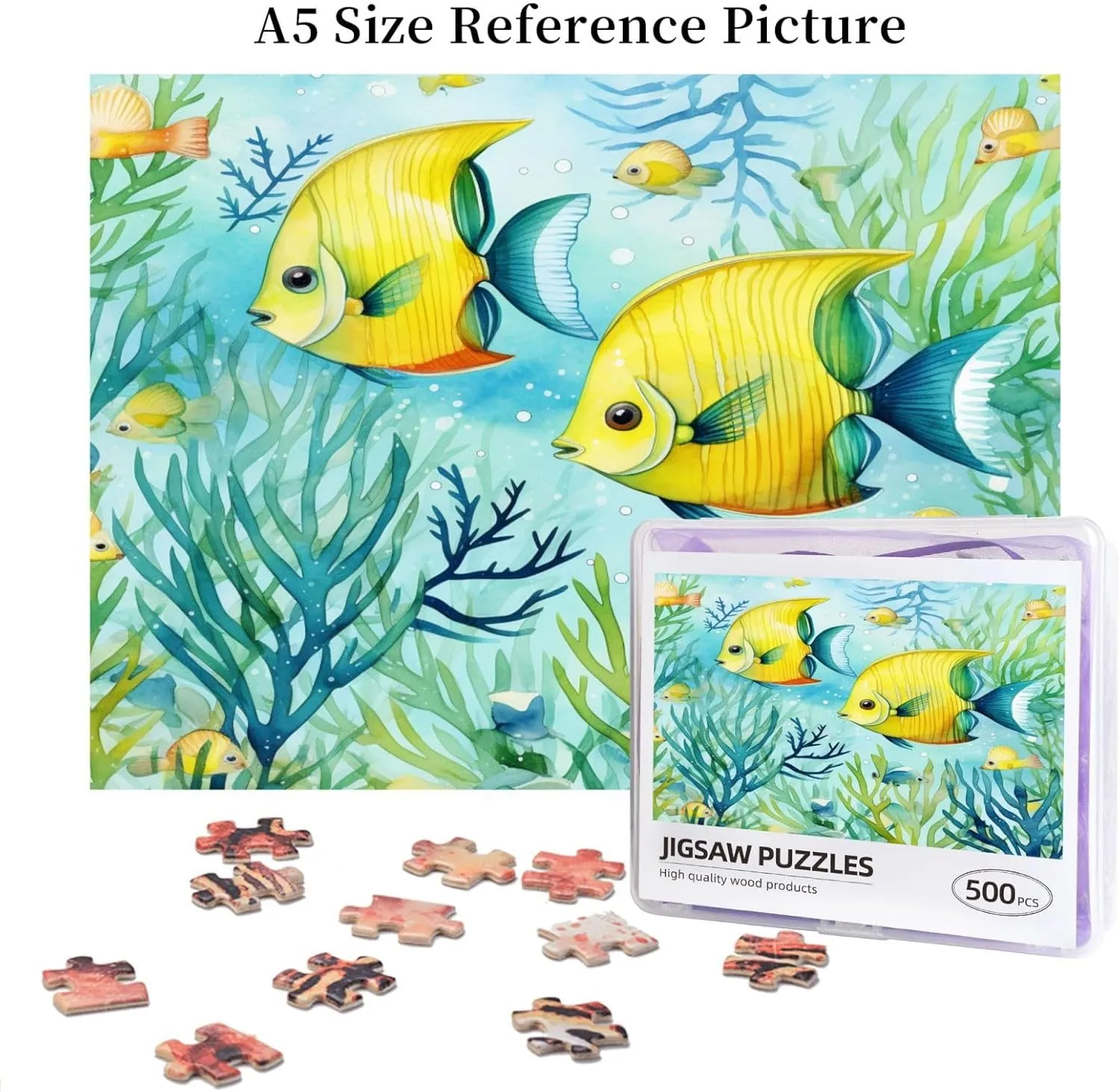 Wooden Jigsaw Puzzles 500 Pieces Cute Tropical Fish Ocean Sea Watercolor Puzzle Leisure for Adults Jigsaw Challenging Creative Educational Intellectual Decompressing Family Games Toy Gift