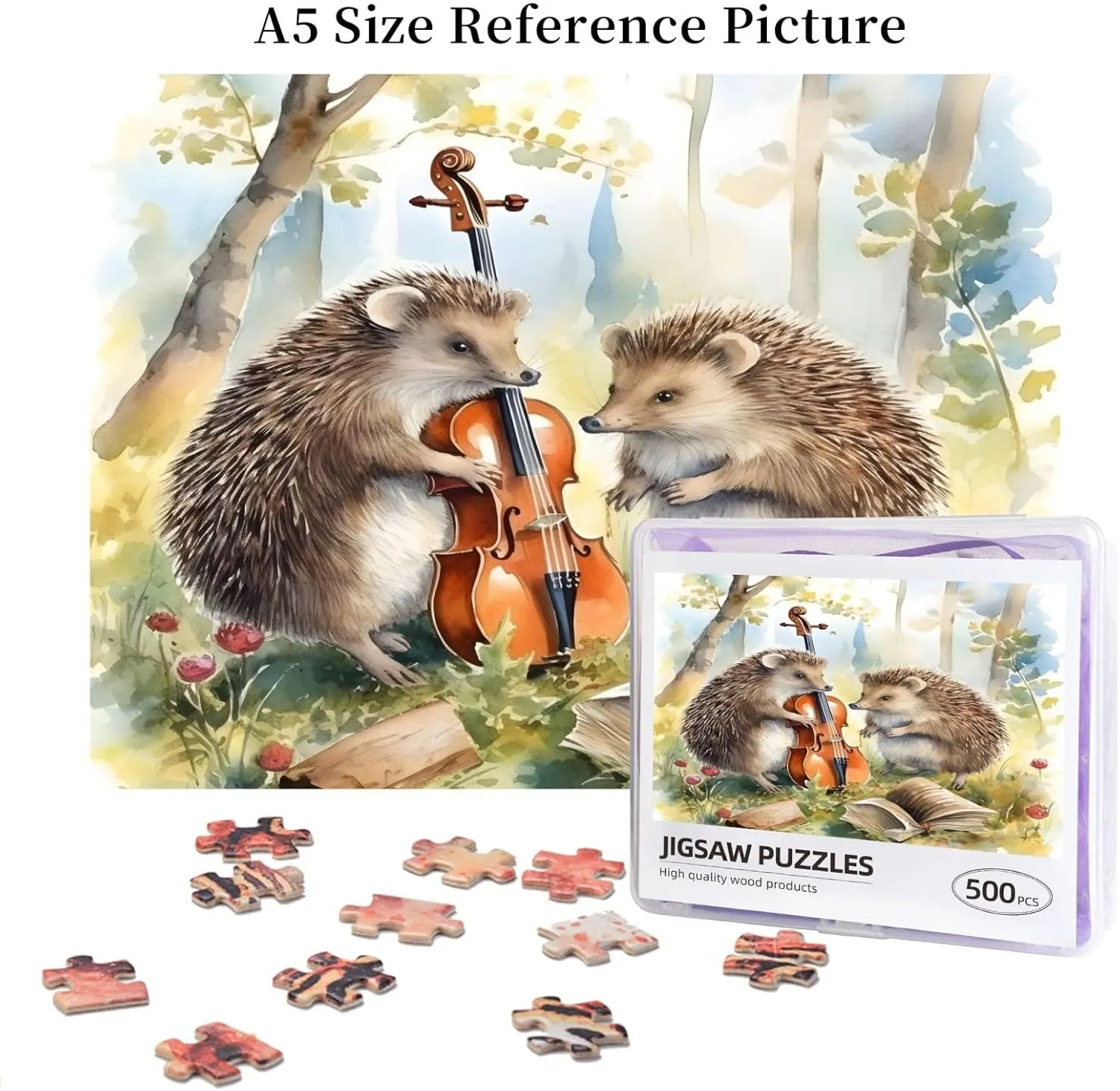 Wooden Jigsaw Puzzles 500 Pieces Funny Forest Hedgehog Musical Puzzle Leisure for Adults Jigsaw Challenging Creative Educational Intellectual Decompressing Family Games Toy Gift