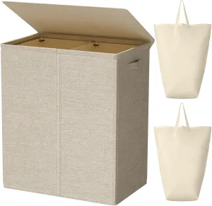 WOWLIVE 154L Double Laundry Hamper with Lid and Removable Laundry Bags, Large Dirty Clothes Hamper 2 section Collapsible Laundry Basket Dorm Room Storage for Bedroom, Bathroom, College,Wheat