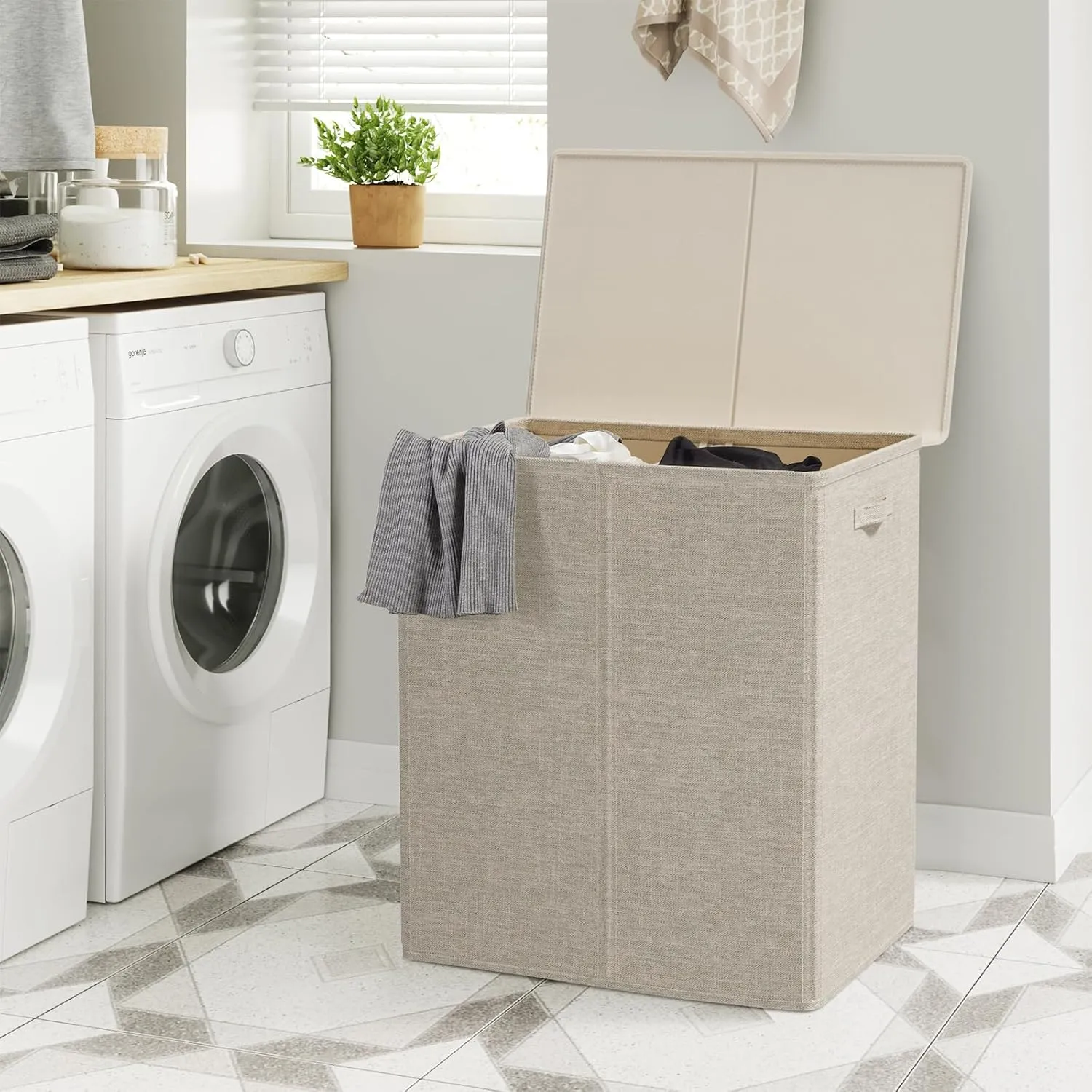 WOWLIVE 154L Double Laundry Hamper with Lid and Removable Laundry Bags, Large Dirty Clothes Hamper 2 section Collapsible Laundry Basket Dorm Room Storage for Bedroom, Bathroom, College,Wheat
