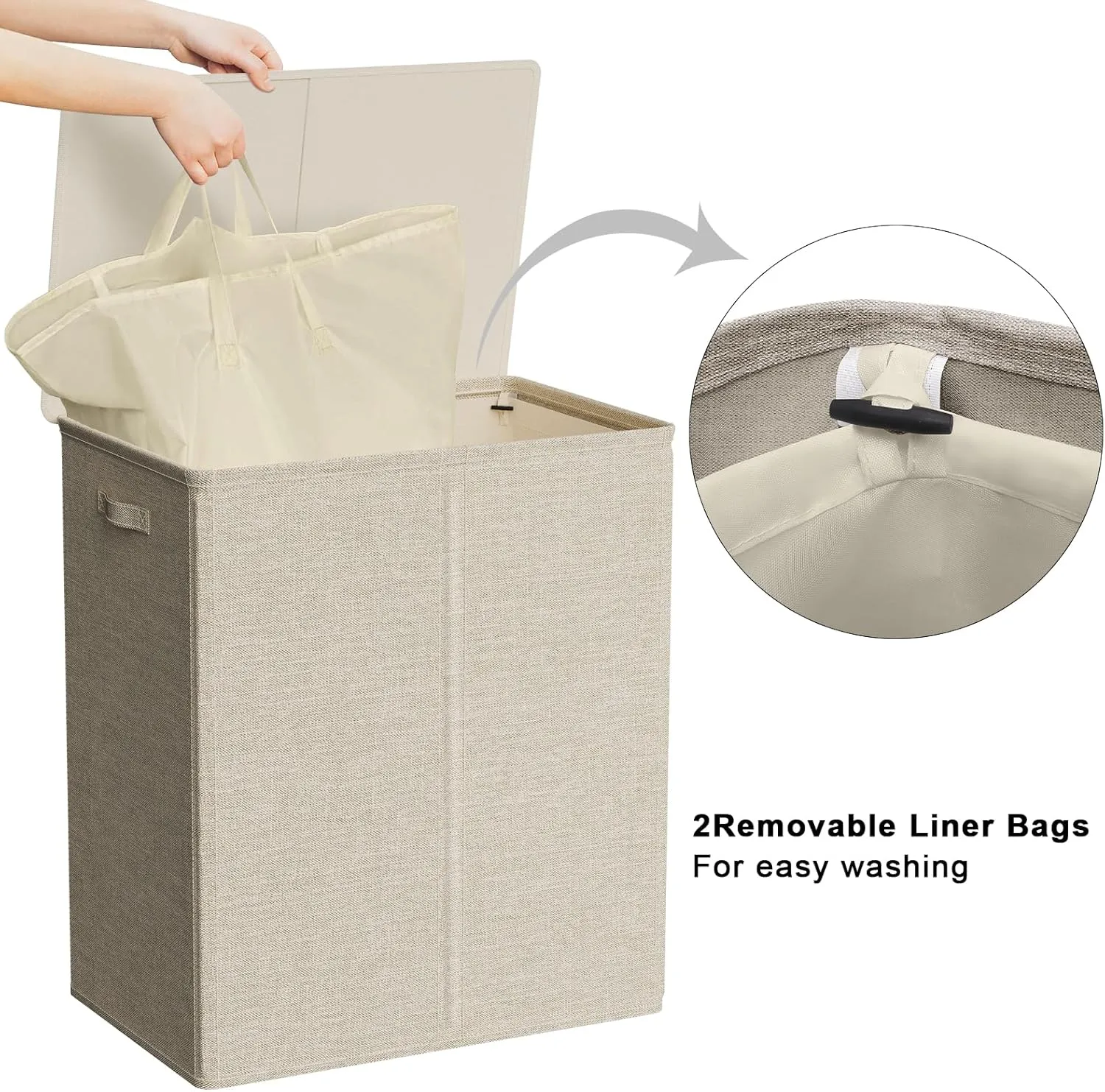 WOWLIVE 154L Double Laundry Hamper with Lid and Removable Laundry Bags, Large Dirty Clothes Hamper 2 section Collapsible Laundry Basket Dorm Room Storage for Bedroom, Bathroom, College,Wheat