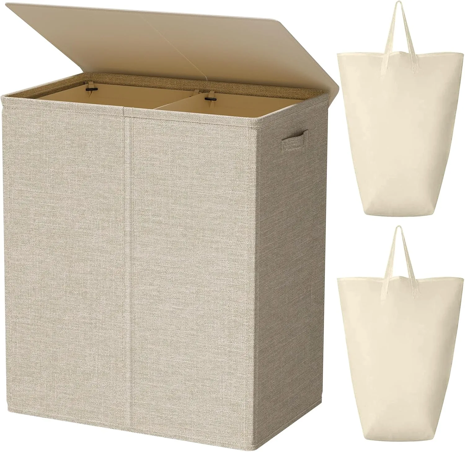 WOWLIVE 154L Double Laundry Hamper with Lid and Removable Laundry Bags, Large Dirty Clothes Hamper 2 section Collapsible Laundry Basket Dorm Room Storage for Bedroom, Bathroom, College,Wheat