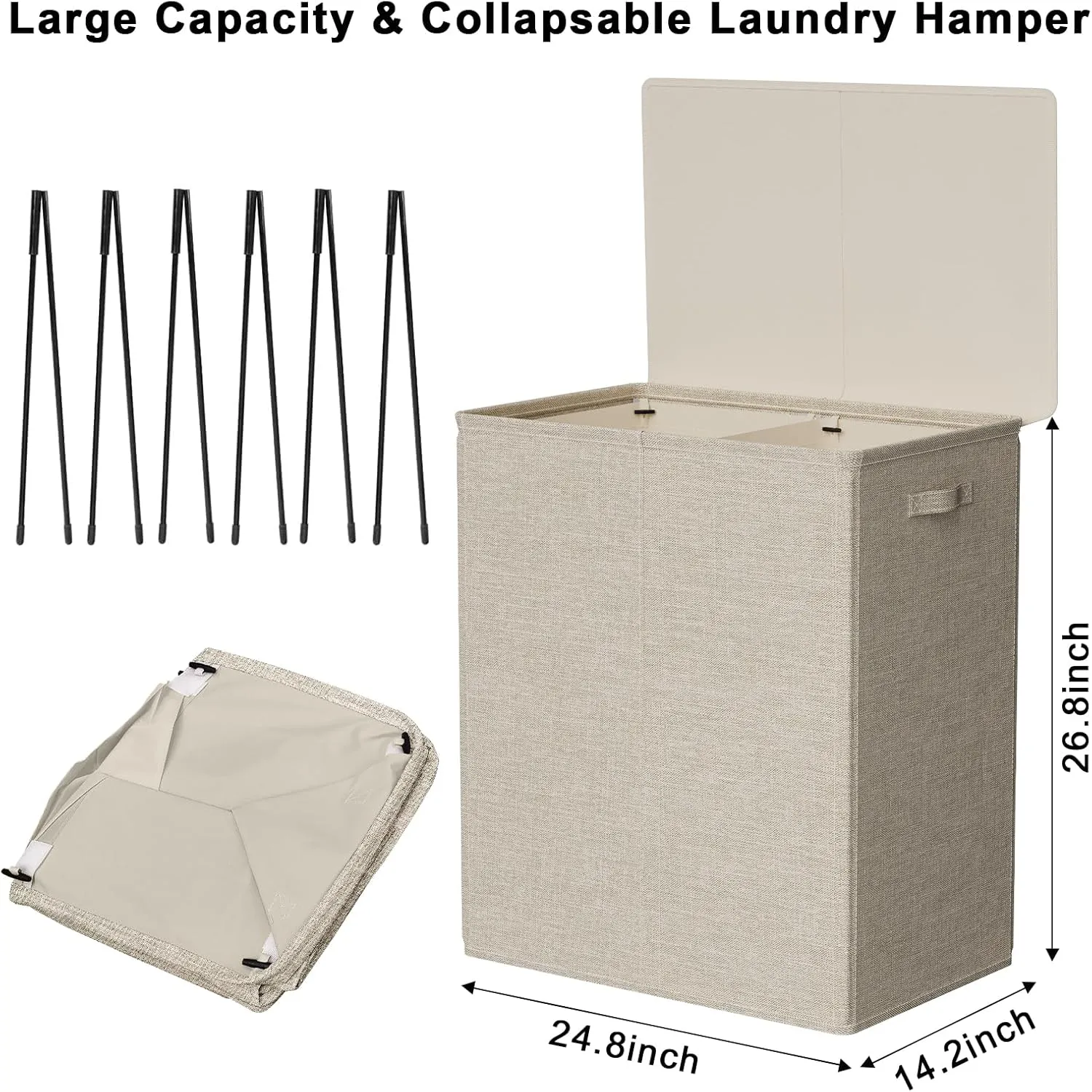 WOWLIVE 154L Double Laundry Hamper with Lid and Removable Laundry Bags, Large Dirty Clothes Hamper 2 section Collapsible Laundry Basket Dorm Room Storage for Bedroom, Bathroom, College,Wheat