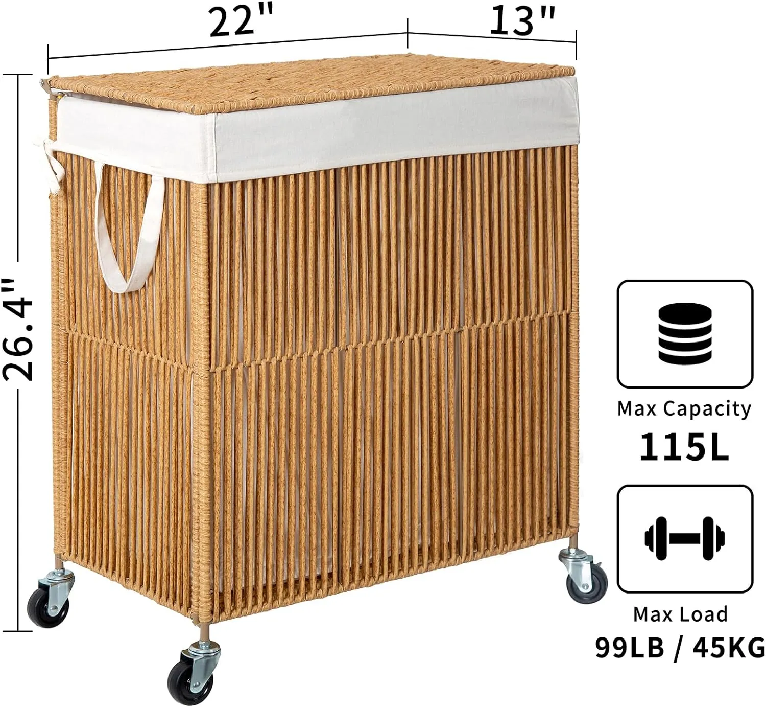 WOWLIVE Laundry Hamper with Wheels, Handwoven Rolling Laundry Basket with Lid, Clothes Hamper with Divided Removable Liner Bag, 115L Large Capacity Laundry Sorter Laundry Room Organization, Natural