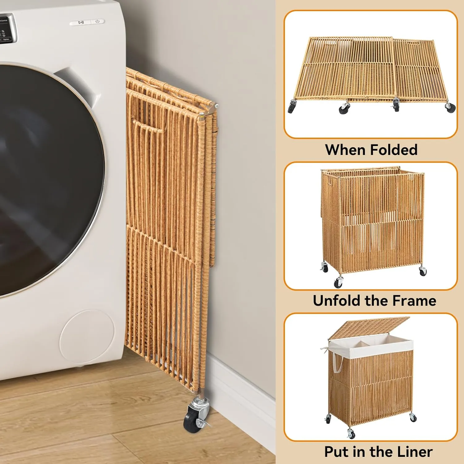 WOWLIVE Laundry Hamper with Wheels, Handwoven Rolling Laundry Basket with Lid, Clothes Hamper with Divided Removable Liner Bag, 115L Large Capacity Laundry Sorter Laundry Room Organization, Natural