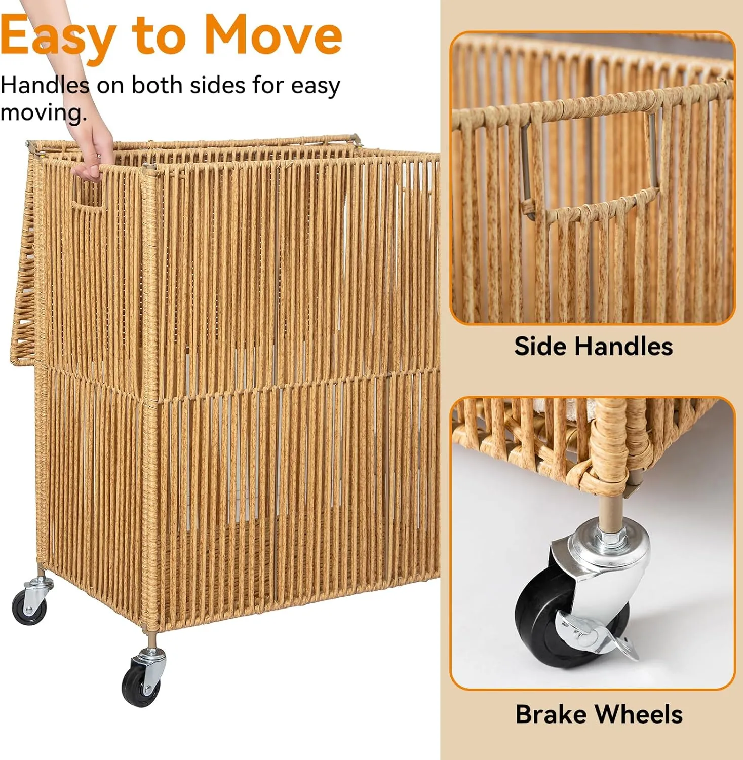 WOWLIVE Laundry Hamper with Wheels, Handwoven Rolling Laundry Basket with Lid, Clothes Hamper with Divided Removable Liner Bag, 115L Large Capacity Laundry Sorter Laundry Room Organization, Natural