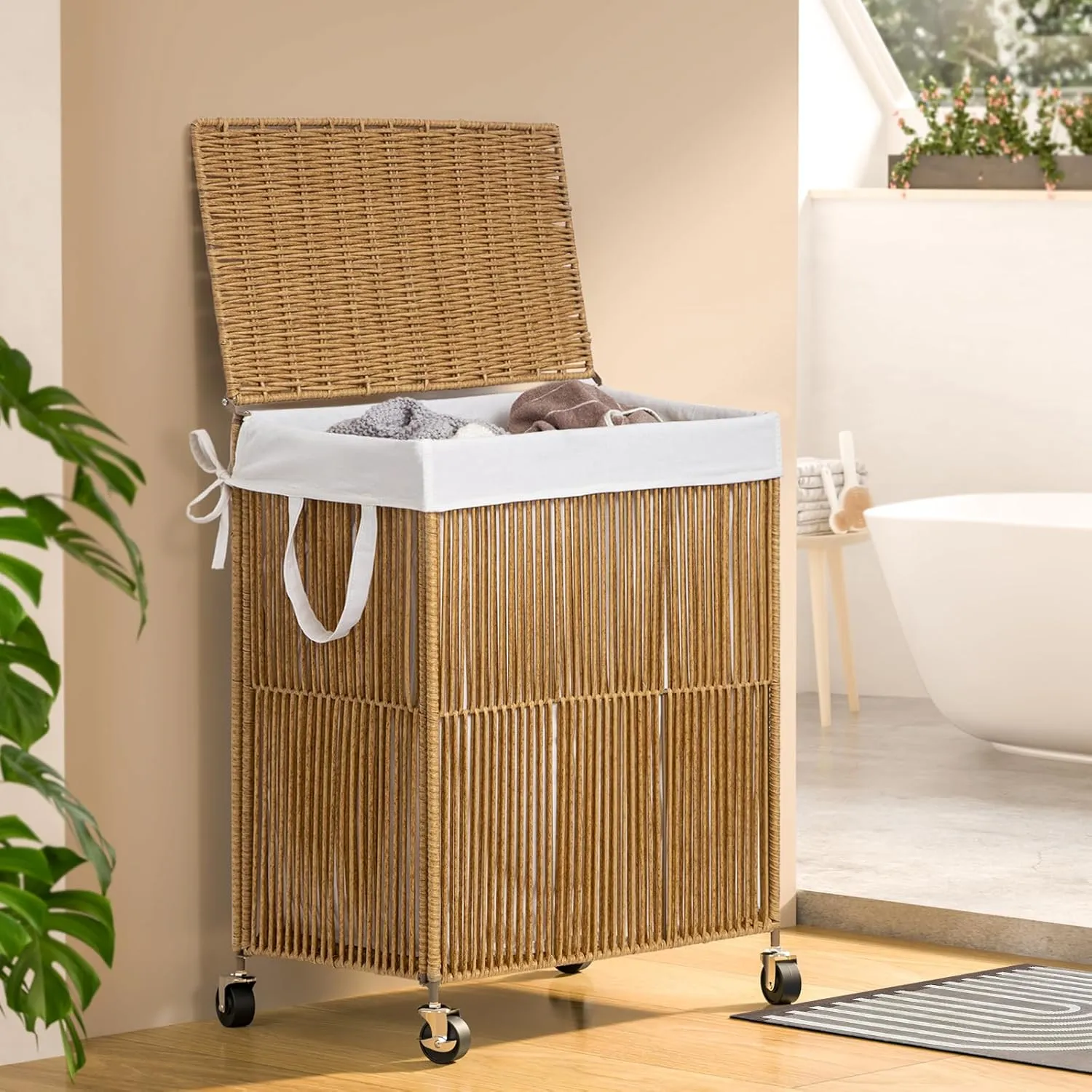 WOWLIVE Laundry Hamper with Wheels, Handwoven Rolling Laundry Basket with Lid, Clothes Hamper with Divided Removable Liner Bag, 115L Large Capacity Laundry Sorter Laundry Room Organization, Natural