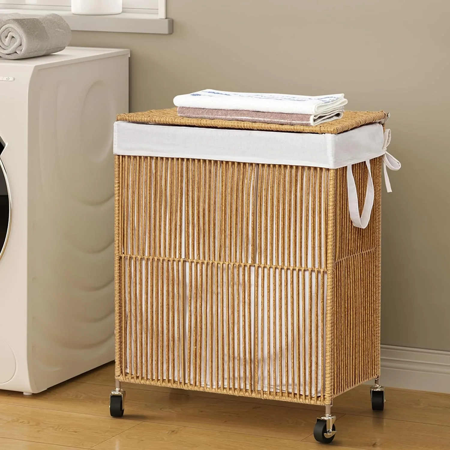 WOWLIVE Laundry Hamper with Wheels, Handwoven Rolling Laundry Basket with Lid, Clothes Hamper with Divided Removable Liner Bag, 115L Large Capacity Laundry Sorter Laundry Room Organization, Natural