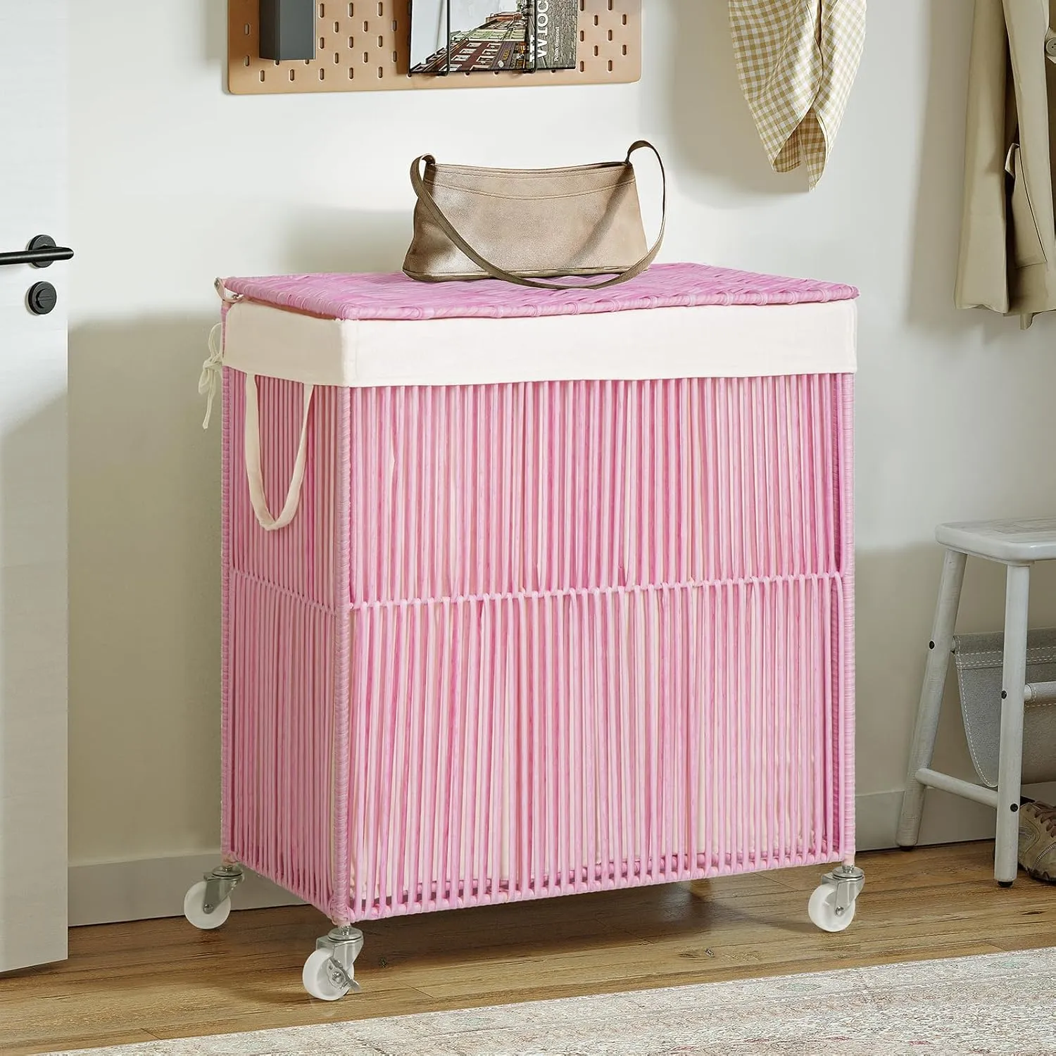 WOWLIVE Laundry Hamper with Wheels, Handwoven Rolling Laundry Basket with Lid, Clothes Hamper with Divided Removable Liner Bag, 115L Large Capacity Laundry Sorter Laundry Room Organization, Pink