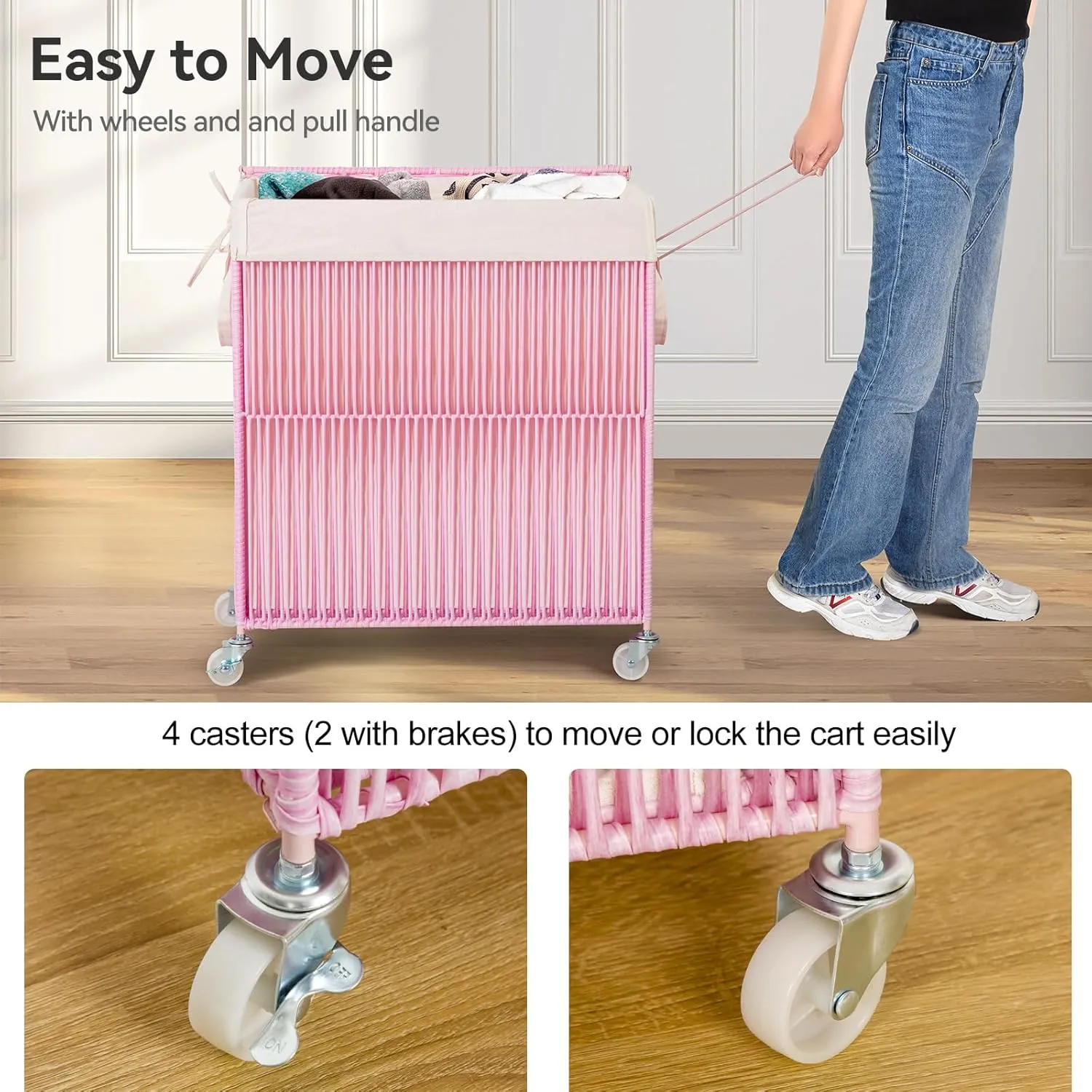 WOWLIVE Laundry Hamper with Wheels, Handwoven Rolling Laundry Basket with Lid, Clothes Hamper with Divided Removable Liner Bag, 115L Large Capacity Laundry Sorter Laundry Room Organization, Pink