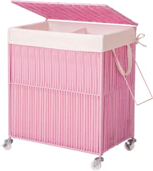 WOWLIVE Laundry Hamper with Wheels, Handwoven Rolling Laundry Basket with Lid, Clothes Hamper with Divided Removable Liner Bag, 115L Large Capacity Laundry Sorter Laundry Room Organization, Pink