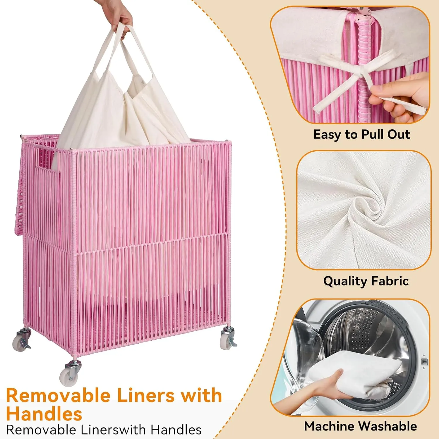 WOWLIVE Laundry Hamper with Wheels, Handwoven Rolling Laundry Basket with Lid, Clothes Hamper with Divided Removable Liner Bag, 115L Large Capacity Laundry Sorter Laundry Room Organization, Pink
