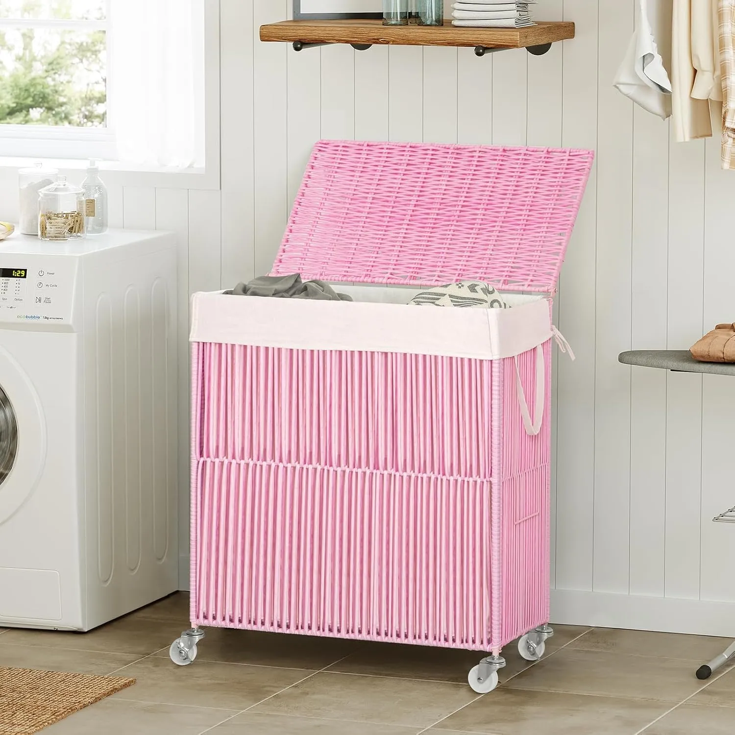 WOWLIVE Laundry Hamper with Wheels, Handwoven Rolling Laundry Basket with Lid, Clothes Hamper with Divided Removable Liner Bag, 115L Large Capacity Laundry Sorter Laundry Room Organization, Pink