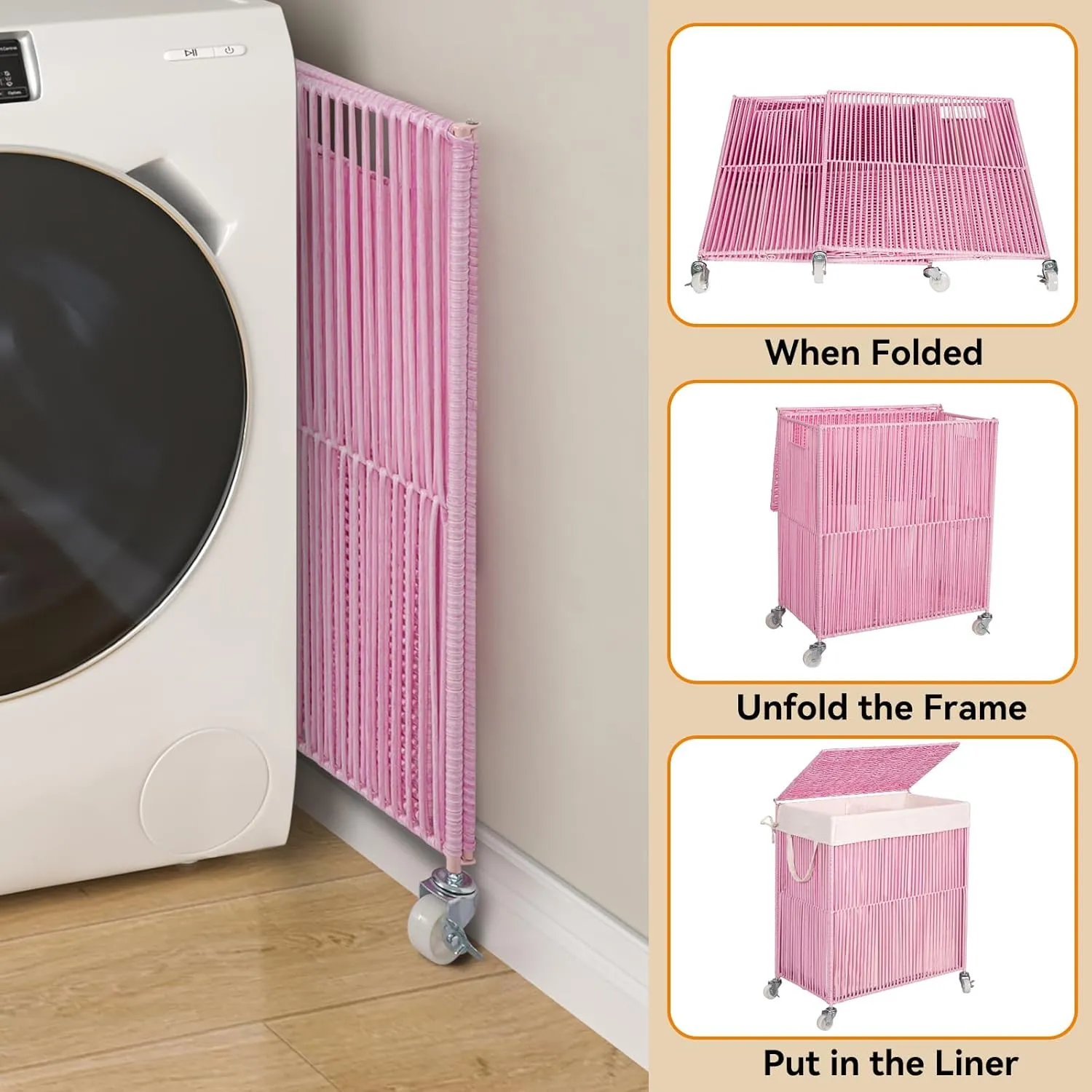 WOWLIVE Laundry Hamper with Wheels, Handwoven Rolling Laundry Basket with Lid, Clothes Hamper with Divided Removable Liner Bag, 115L Large Capacity Laundry Sorter Laundry Room Organization, Pink