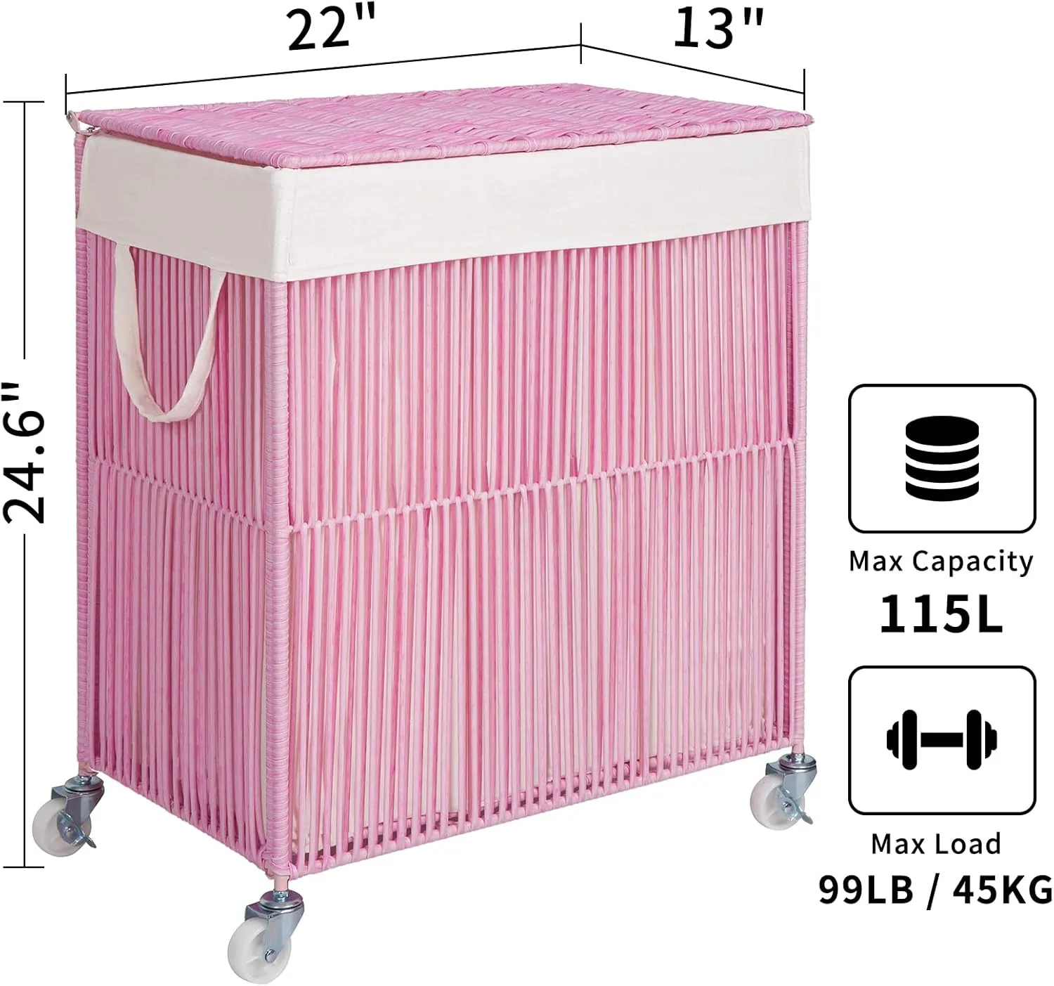 WOWLIVE Laundry Hamper with Wheels, Handwoven Rolling Laundry Basket with Lid, Clothes Hamper with Divided Removable Liner Bag, 115L Large Capacity Laundry Sorter Laundry Room Organization, Pink