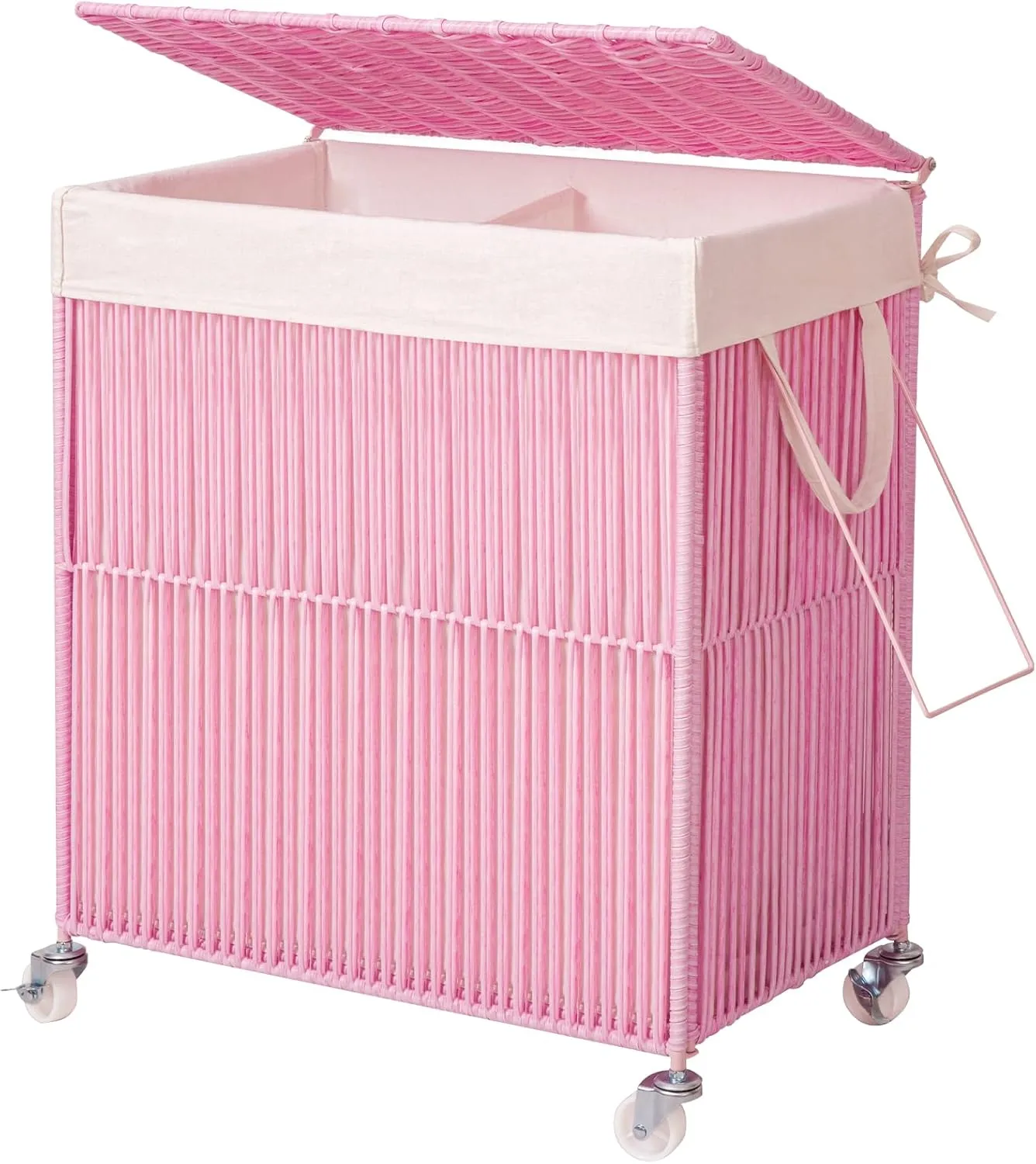 WOWLIVE Laundry Hamper with Wheels, Handwoven Rolling Laundry Basket with Lid, Clothes Hamper with Divided Removable Liner Bag, 115L Large Capacity Laundry Sorter Laundry Room Organization, Pink