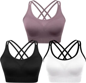 WOYYHO Cross Back Sports Bra for Women Padded Strappy Yoga Bra Medium Support Workout Bra for Athletic Gym Fitness 3 Pack