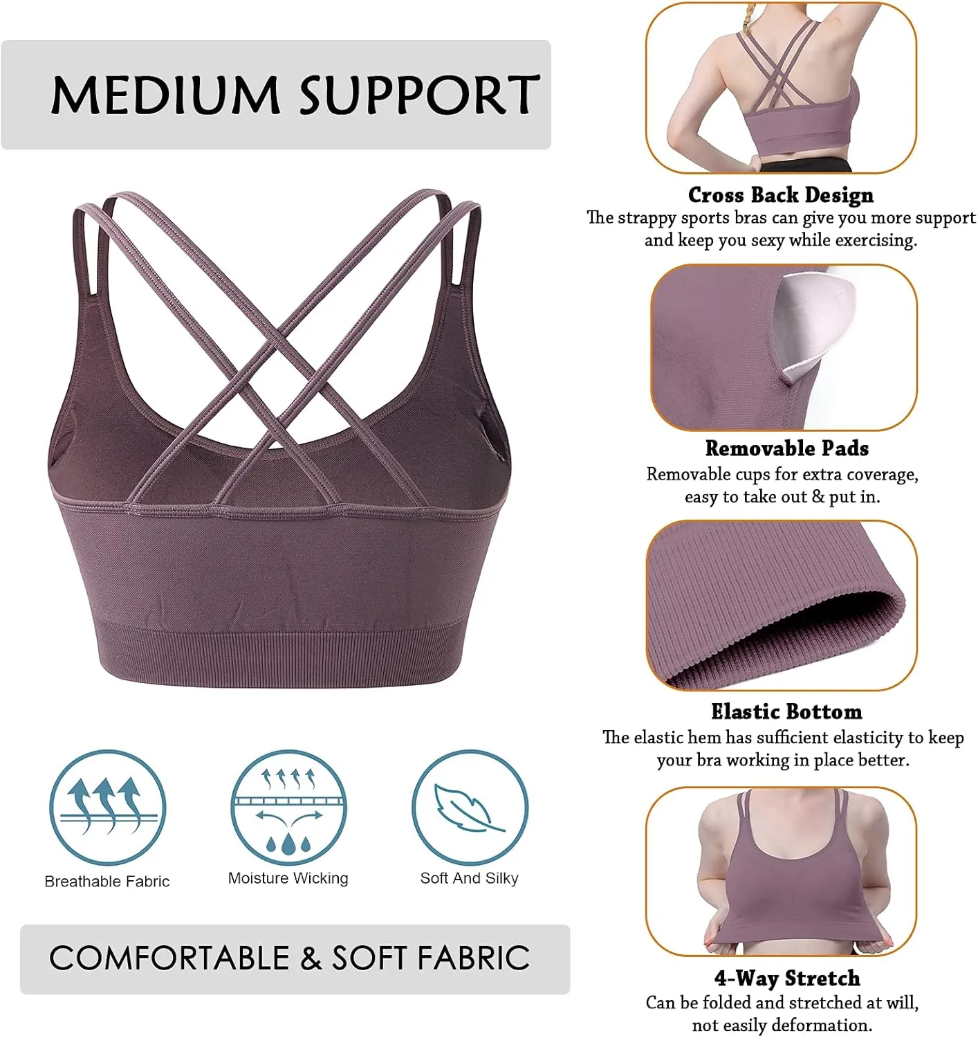 WOYYHO Cross Back Sports Bra for Women Padded Strappy Yoga Bra Medium Support Workout Bra for Athletic Gym Fitness 3 Pack