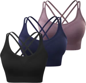 WOYYHO Cross Back Sports Bra for Women Padded Strappy Yoga Bra Medium Support Workout Bra for Athletic Gym Fitness 3 Pack