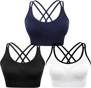 WOYYHO Cross Back Sports Bra for Women Padded Strappy Yoga Bra Medium Support Workout Bra for Athletic Gym Fitness 3 Pack