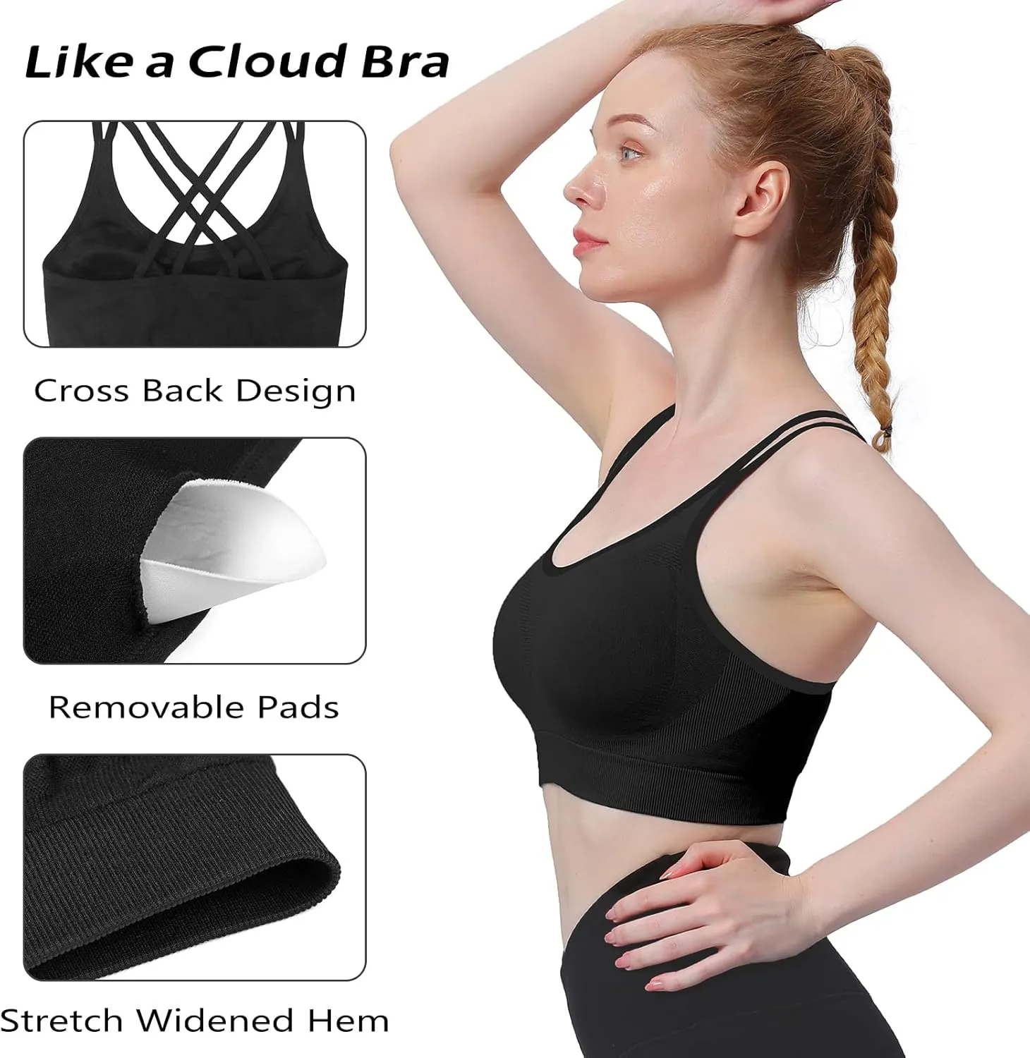 WOYYHO Cross Back Sports Bra for Women Padded Strappy Yoga Bra Medium Support Workout Bra for Athletic Gym Fitness 3 Pack