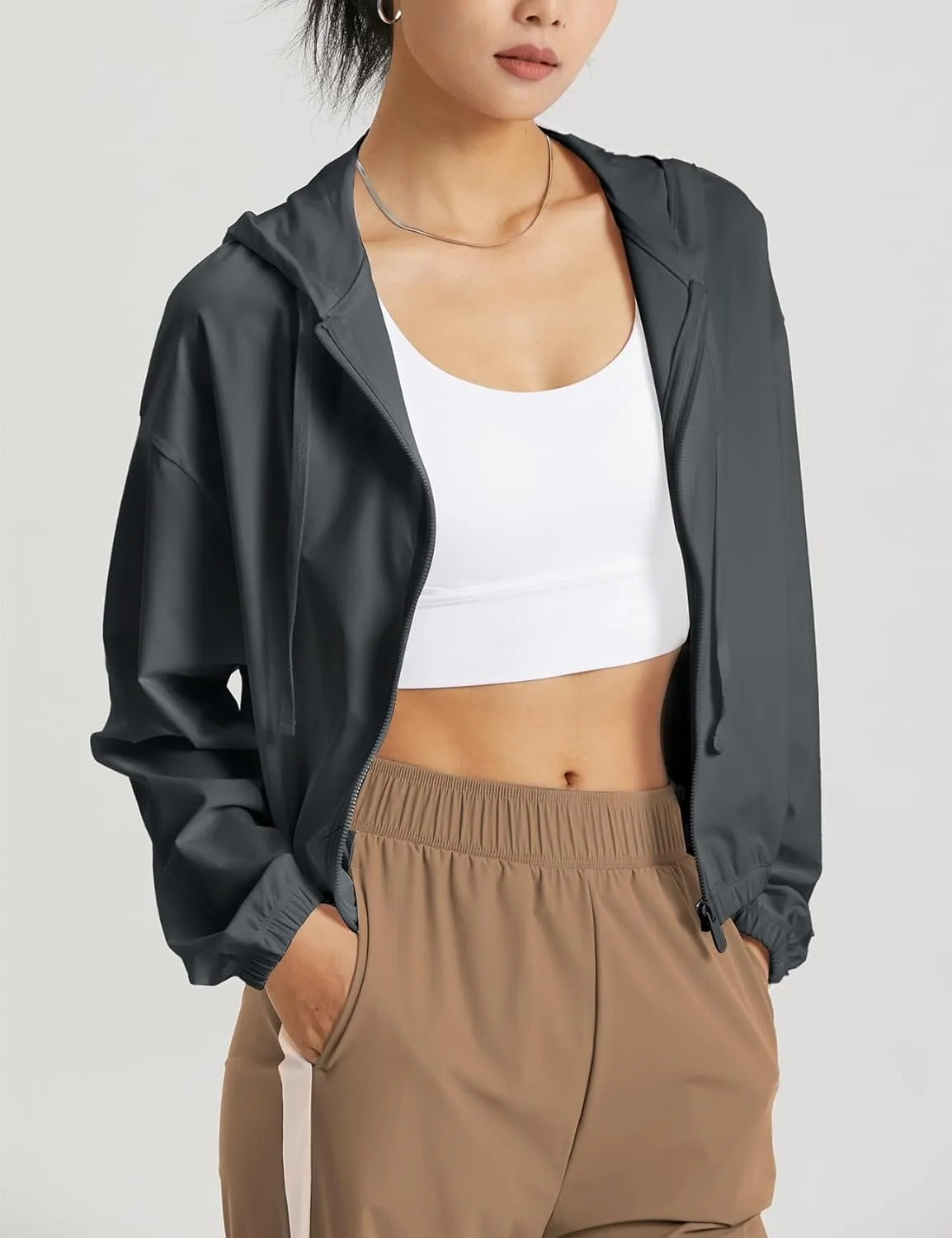 Wyeysyt Women's UPF 50  UV Sun Protection Cropped Jackets Athletic Running Workout Zip Up Hoodie Outdoor Jackets
