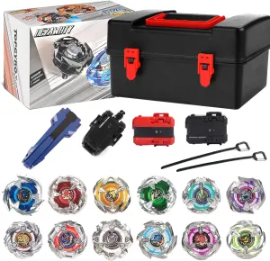 X Battling Set, 12 Spinning Tops, 3 Launchers and 1 Grip with Storage Box, Kids Toys Birthday Gift Ideal for 6  Years Old Boys (Silver)