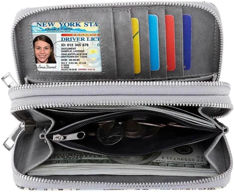 XEYOU Double Zipper Long Clutch Wallet Cellphone Wallet for Women with Removable Wristlet Strap for Credit Card, Cash, Coin, Bill