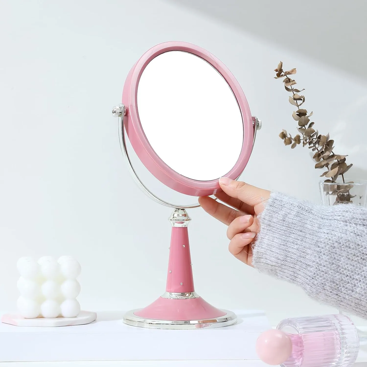 XPXKJ 6-Inch Mirrors Tabletop Vanity Makeup Mirror Two-Sided Swivel with Diamond Desk Mirror One Side 3X Magnification (Diamond Pink)