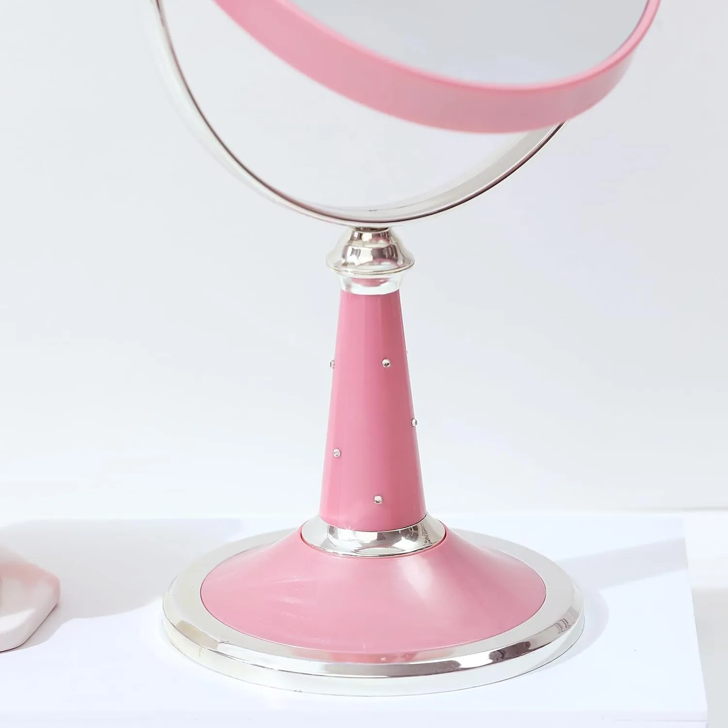 XPXKJ 6-Inch Mirrors Tabletop Vanity Makeup Mirror Two-Sided Swivel with Diamond Desk Mirror One Side 3X Magnification (Diamond Pink)