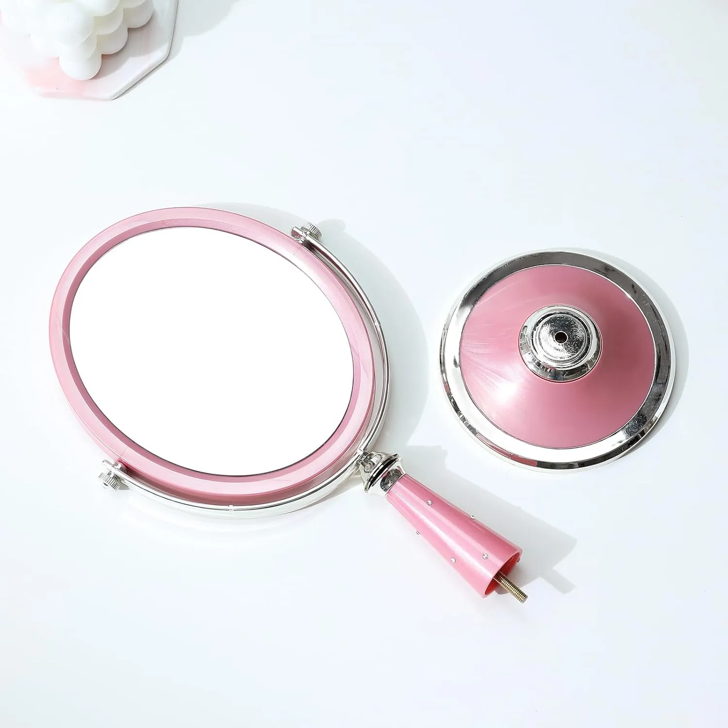 XPXKJ 6-Inch Mirrors Tabletop Vanity Makeup Mirror Two-Sided Swivel with Diamond Desk Mirror One Side 3X Magnification (Diamond Pink)
