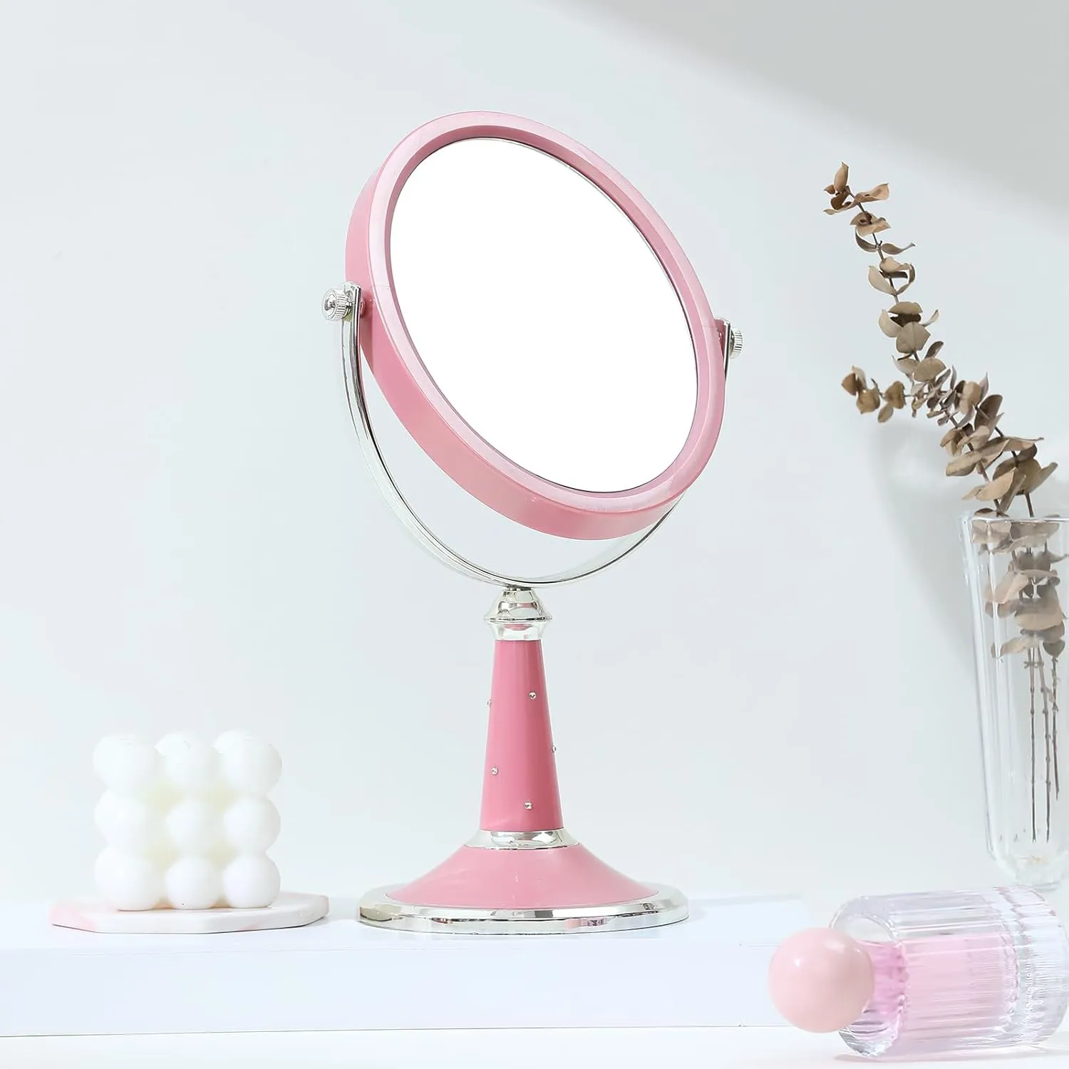 XPXKJ 6-Inch Mirrors Tabletop Vanity Makeup Mirror Two-Sided Swivel with Diamond Desk Mirror One Side 3X Magnification (Diamond Pink)