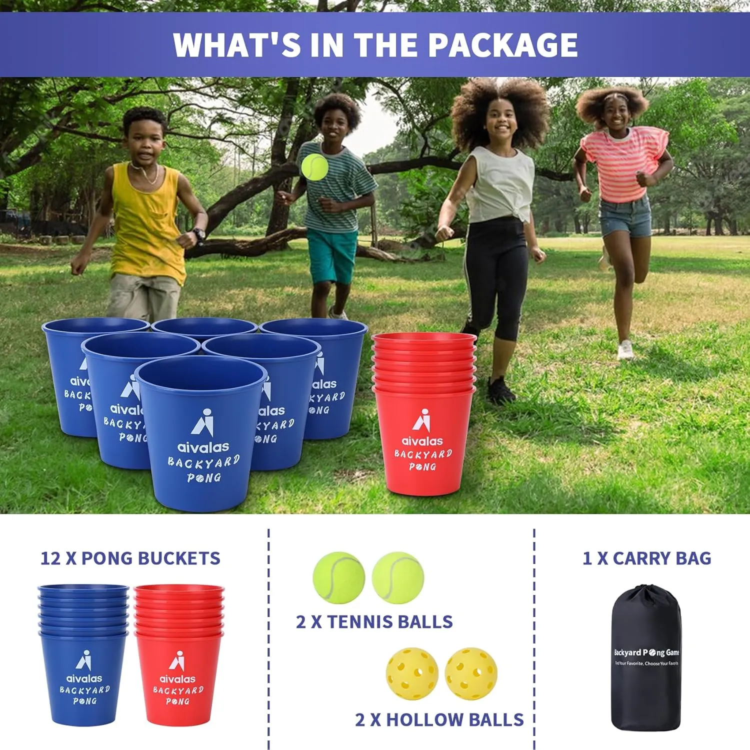 Yard Pong Outdoor Games, Giant Yard Games Set with 12 Buckets and Balls for Adults and Family, Toss Game Throwing Games for Beach, Camping, Lawn and Backyard